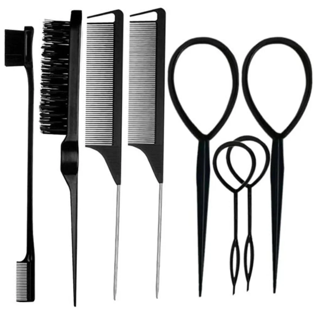 8-Piece Black Hair Styling Tool Set Edge Brush, Rat Tail Combs & Loop Puller